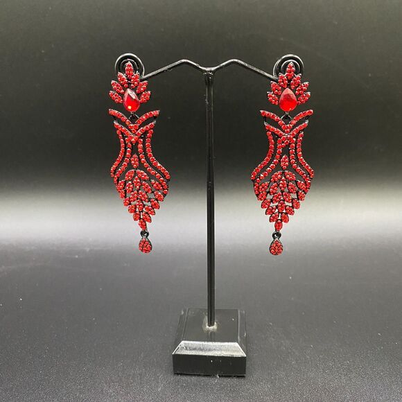 Art Deco Inspired Red Crystal Statement Drop Earrings - Picture 2 of 4